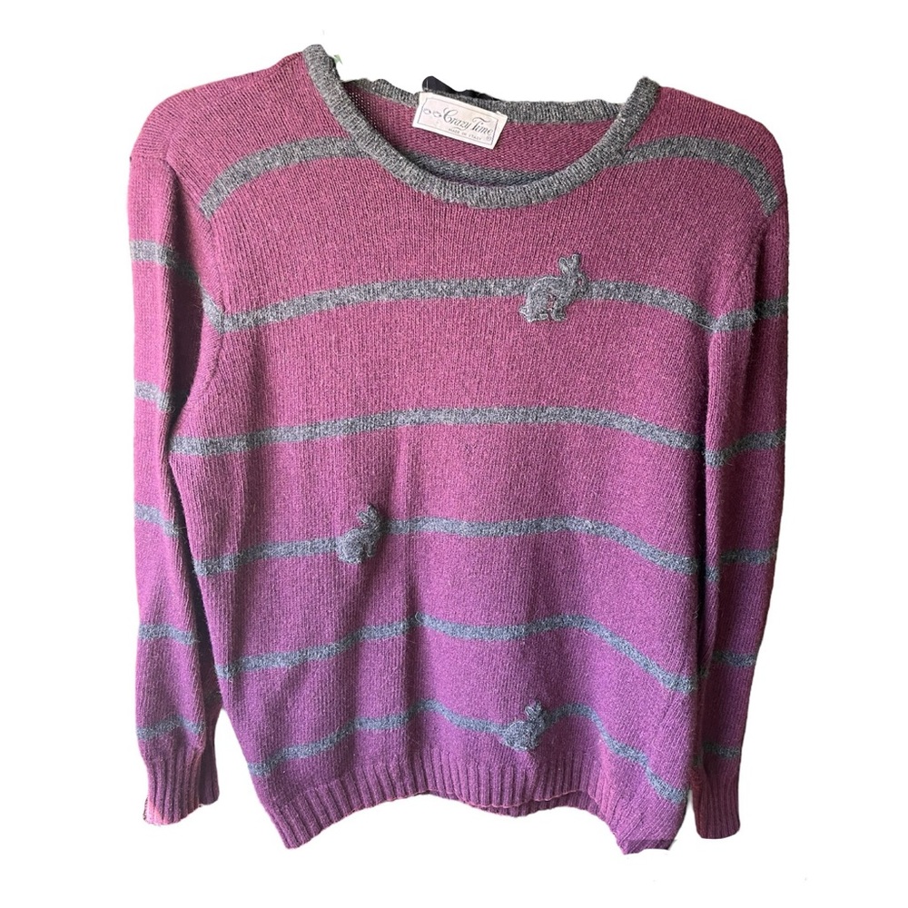 Vintage 80s Crazy Time Rabbit Striped Purple Wool Angora Sweater Made in Italy M